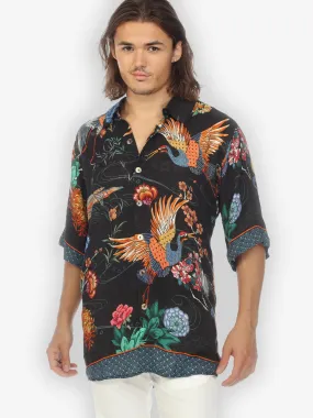 Crane With Landscape Men’s Silk Blend Shirt