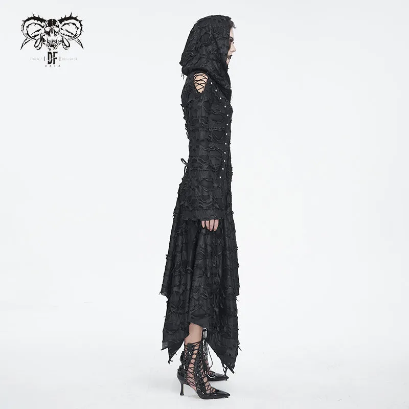 CT225 Dark tattered hooded knitted women's jacket