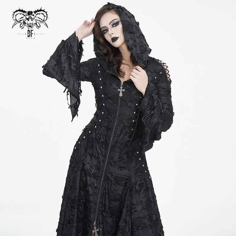 CT225 Dark tattered hooded knitted women's jacket