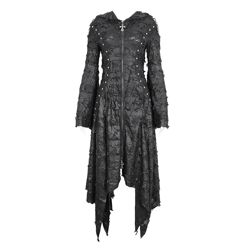 CT225 Dark tattered hooded knitted women's jacket