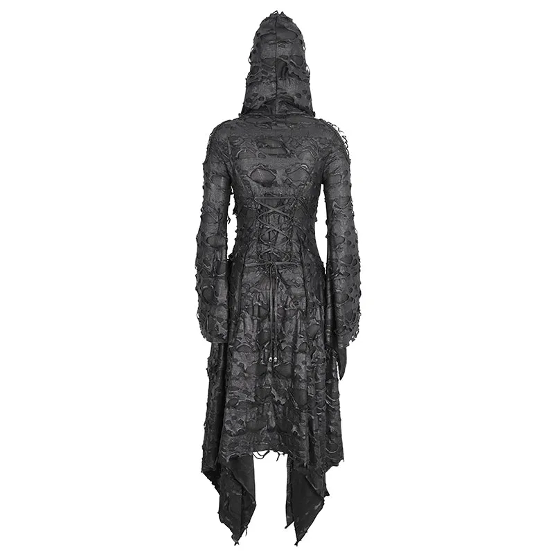 CT225 Dark tattered hooded knitted women's jacket