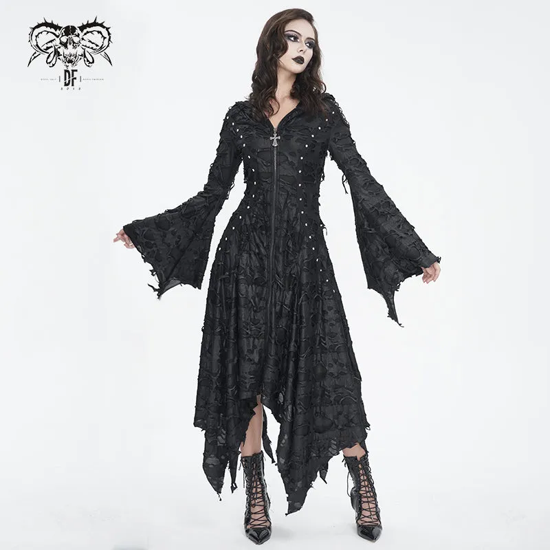 CT225 Dark tattered hooded knitted women's jacket