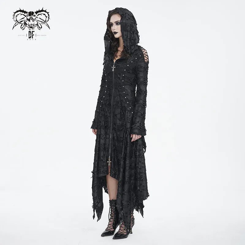 CT225 Dark tattered hooded knitted women's jacket