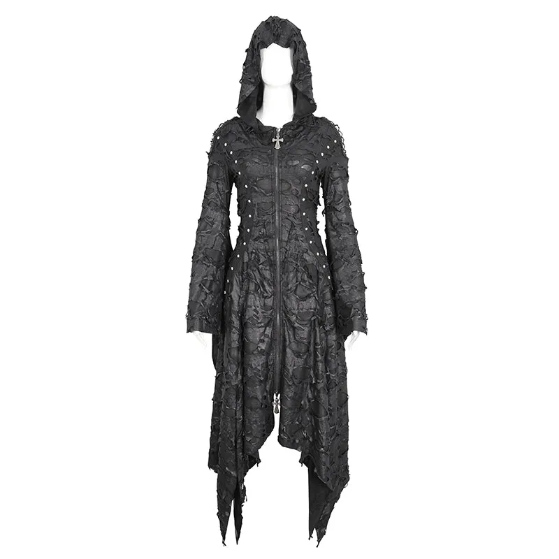 CT225 Dark tattered hooded knitted women's jacket