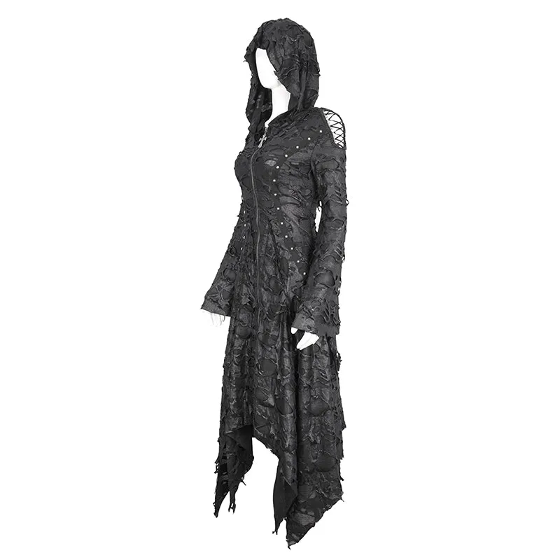 CT225 Dark tattered hooded knitted women's jacket