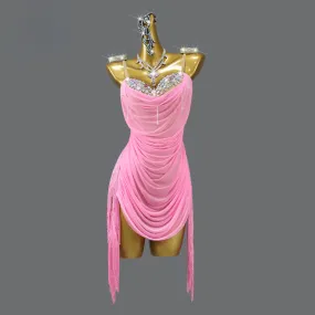 Customized  Slip Backless Pink Latin Dance Dress