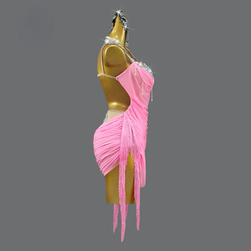 Customized  Slip Backless Pink Latin Dance Dress