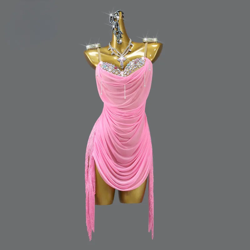 Customized  Slip Backless Pink Latin Dance Dress