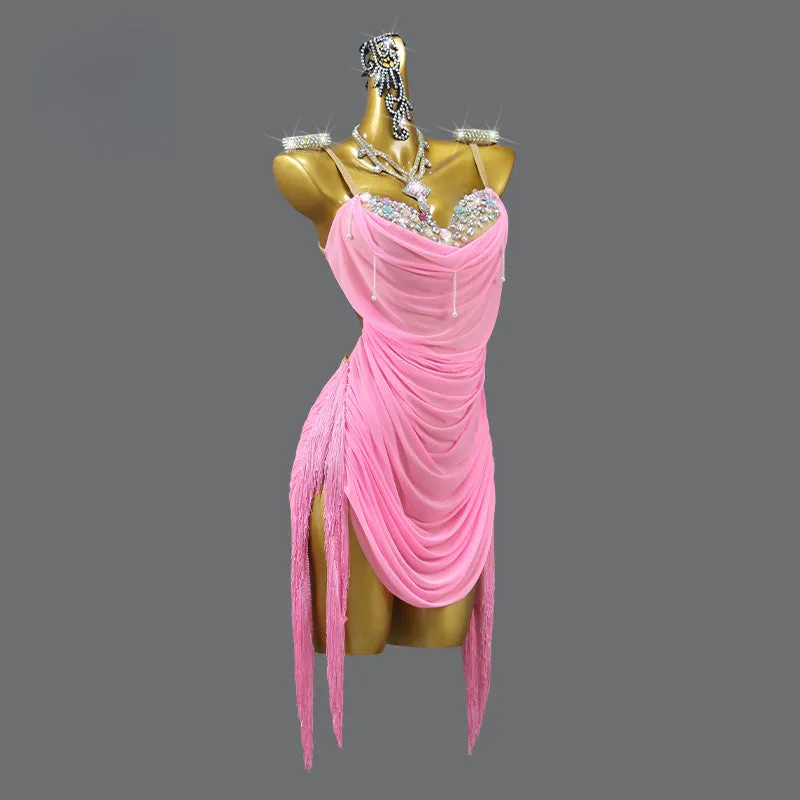 Customized  Slip Backless Pink Latin Dance Dress