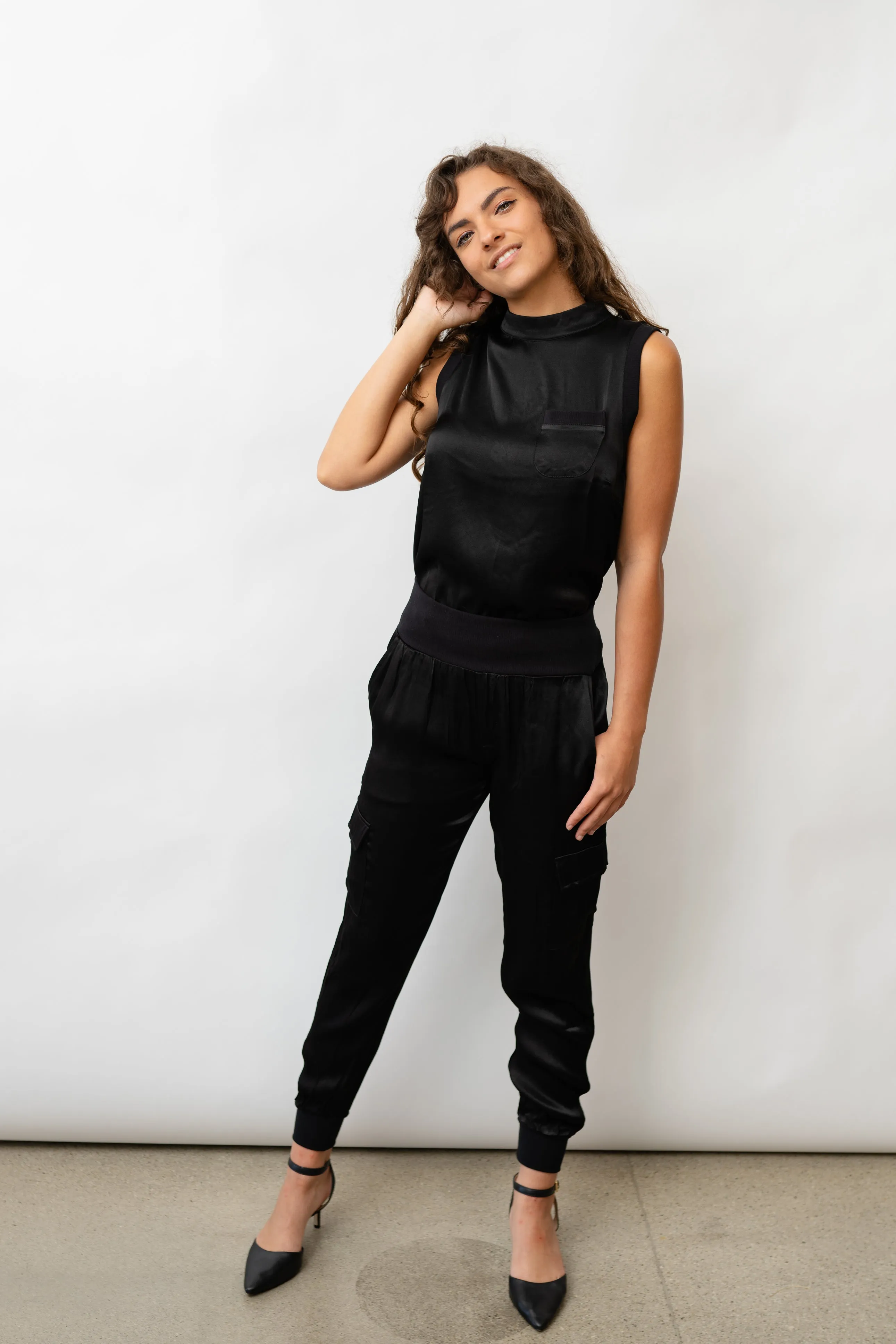 Darby Lane Satin Cargo Joggers - Black