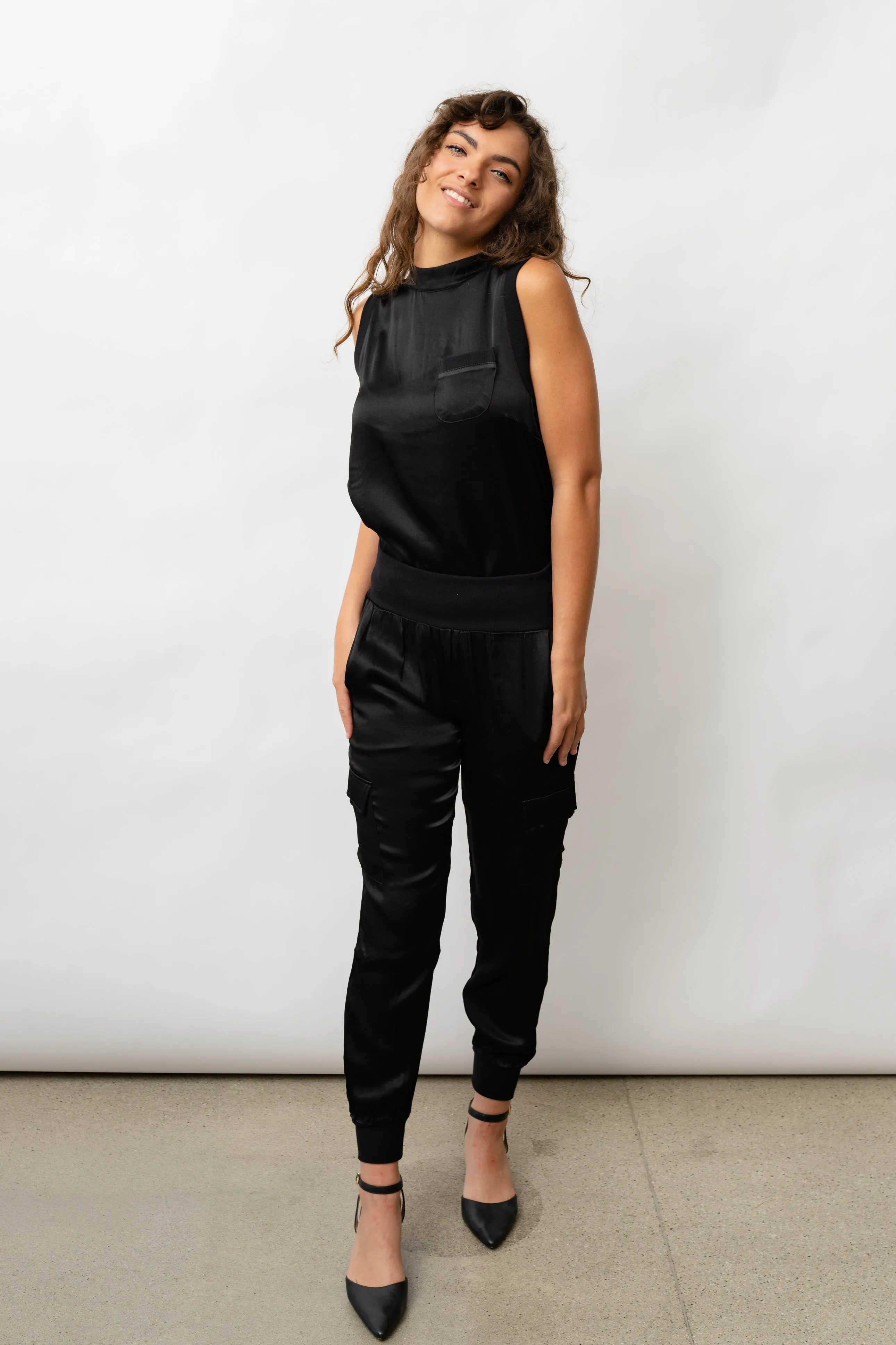 Darby Lane Satin Cargo Joggers - Black