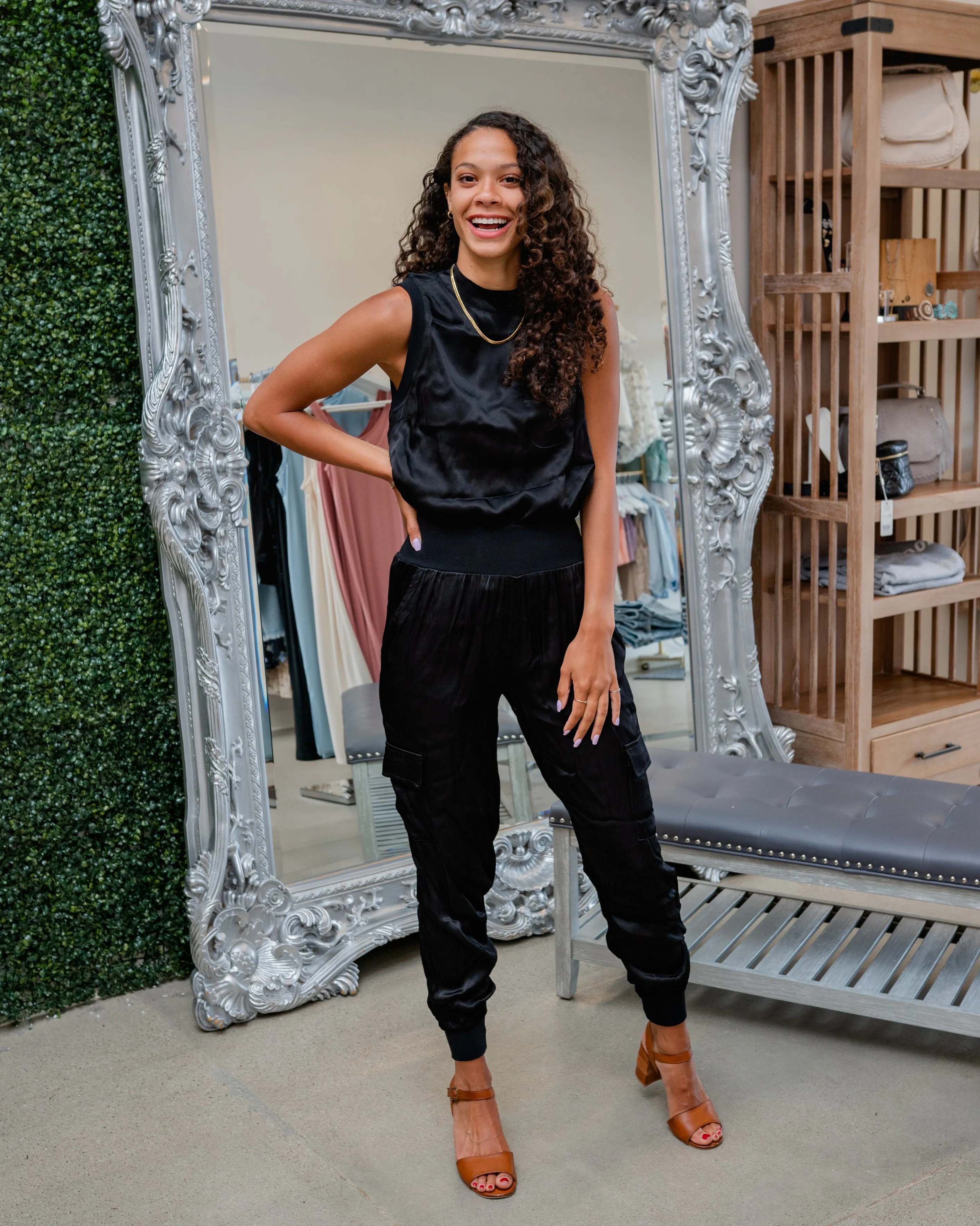 Darby Lane Satin Cargo Joggers - Black