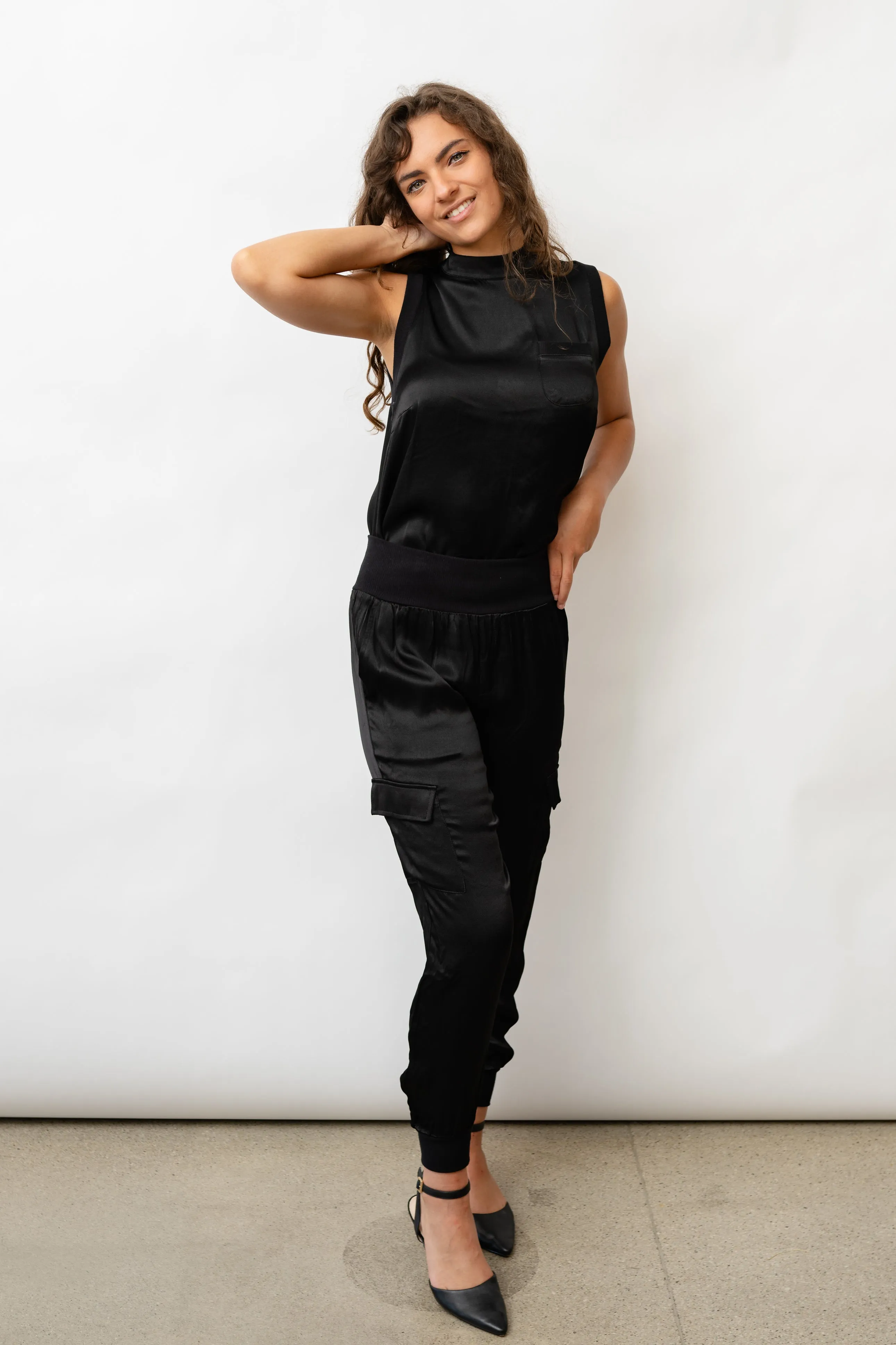 Darby Lane Satin Cargo Joggers - Black
