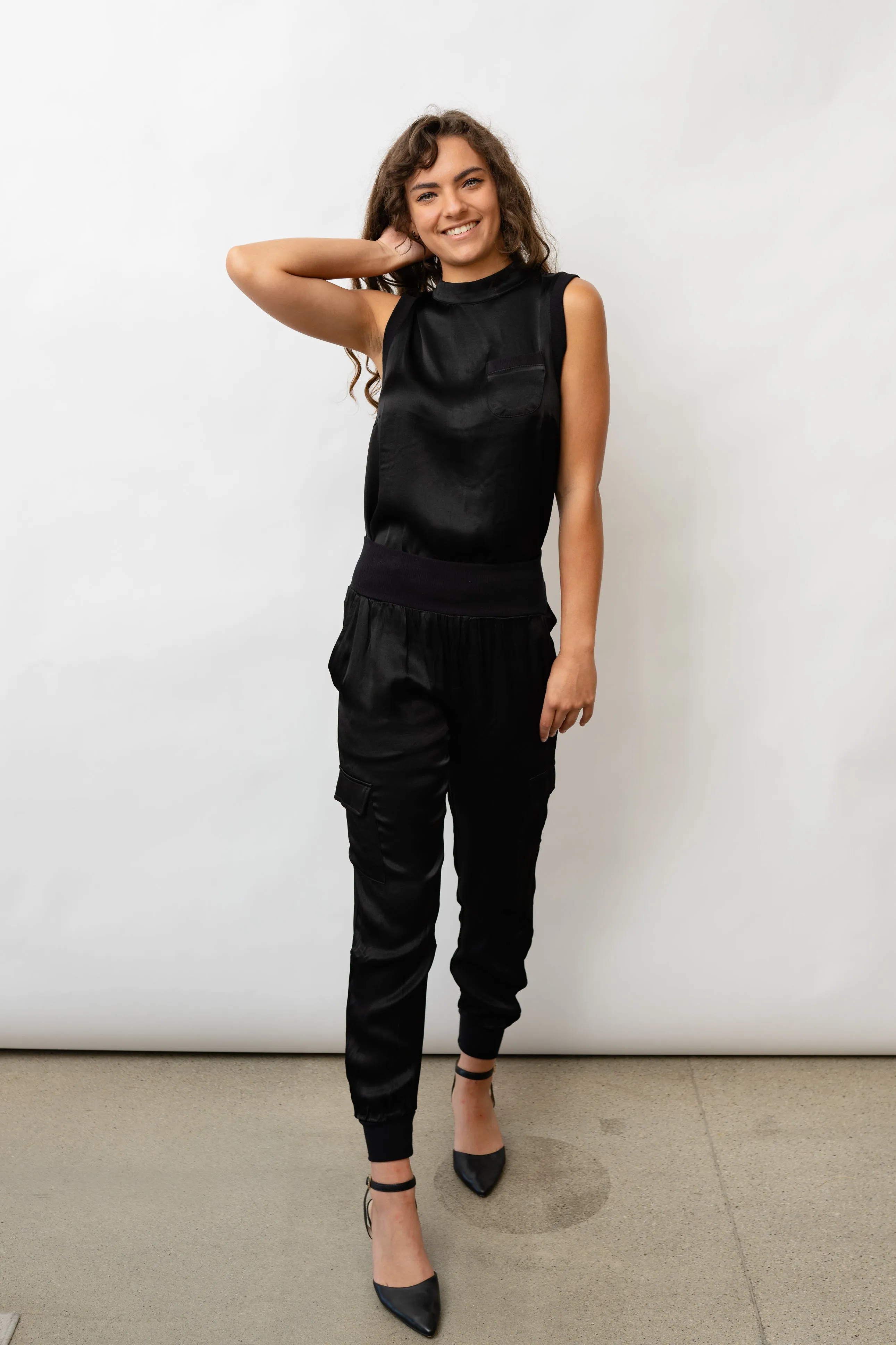 Darby Lane Satin Cargo Joggers - Black