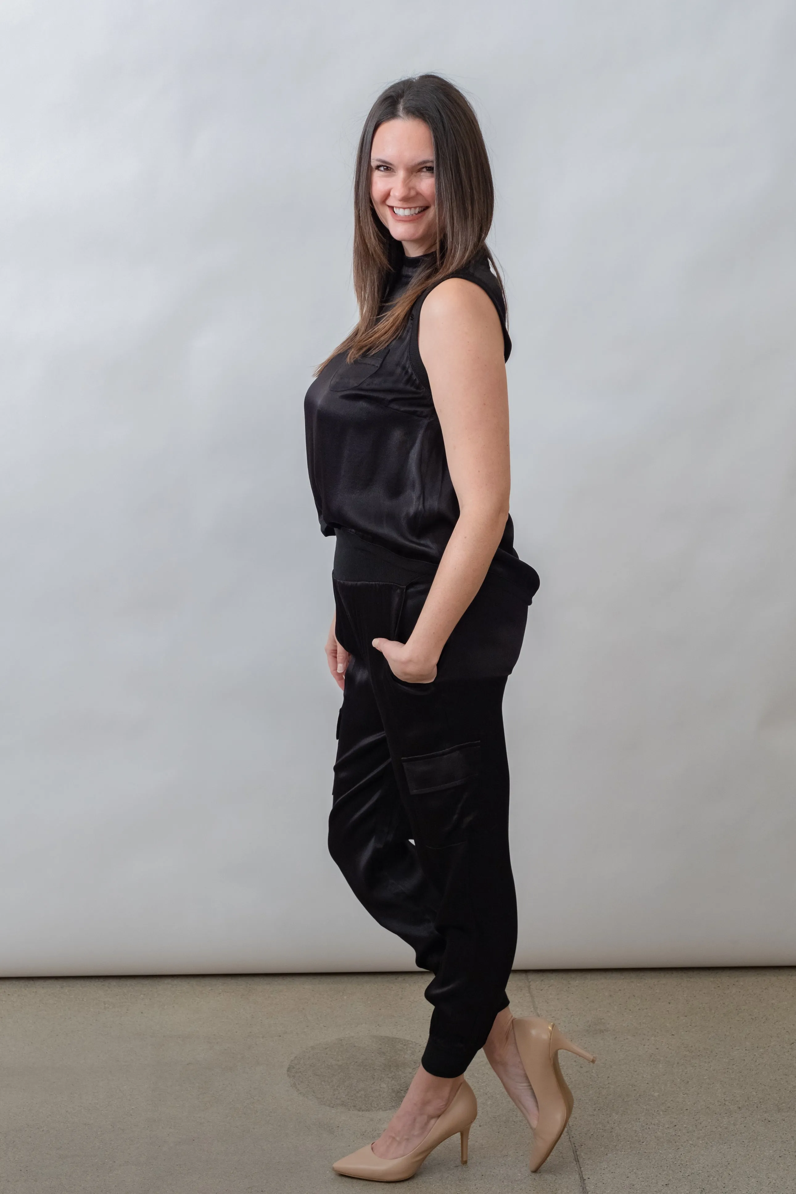Darby Lane Satin Cargo Joggers - Black