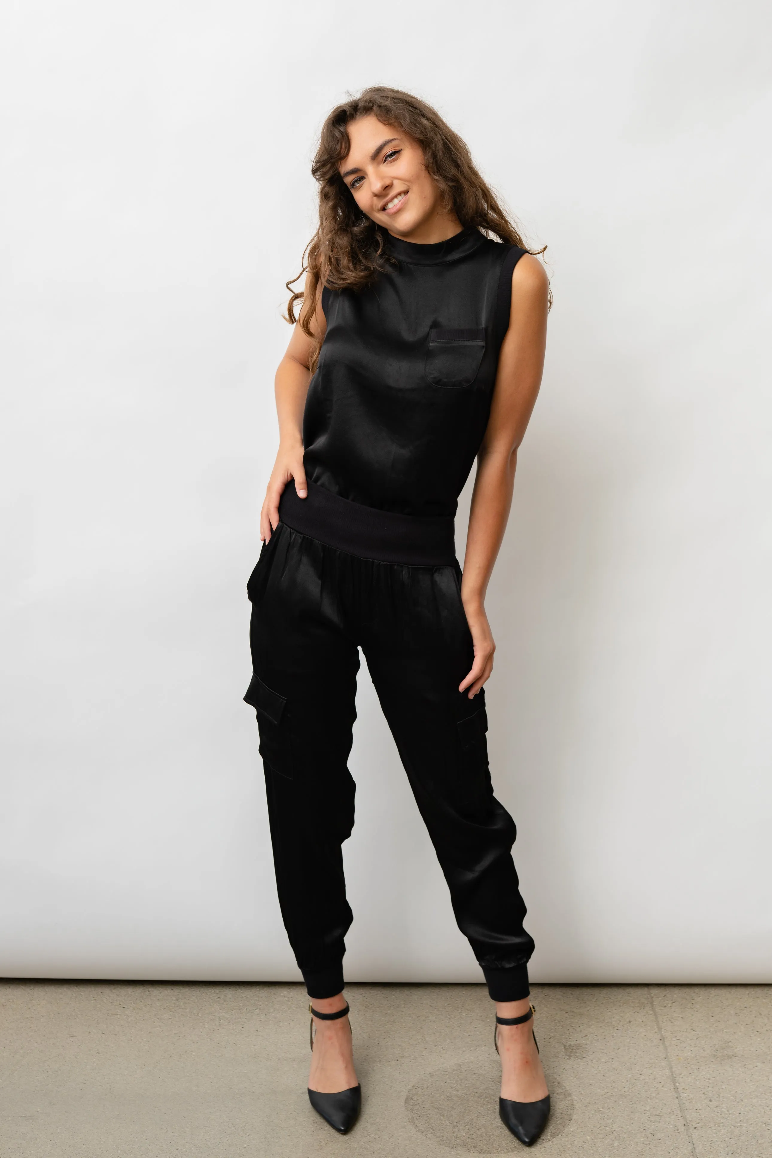 Darby Lane Satin Cargo Joggers - Black