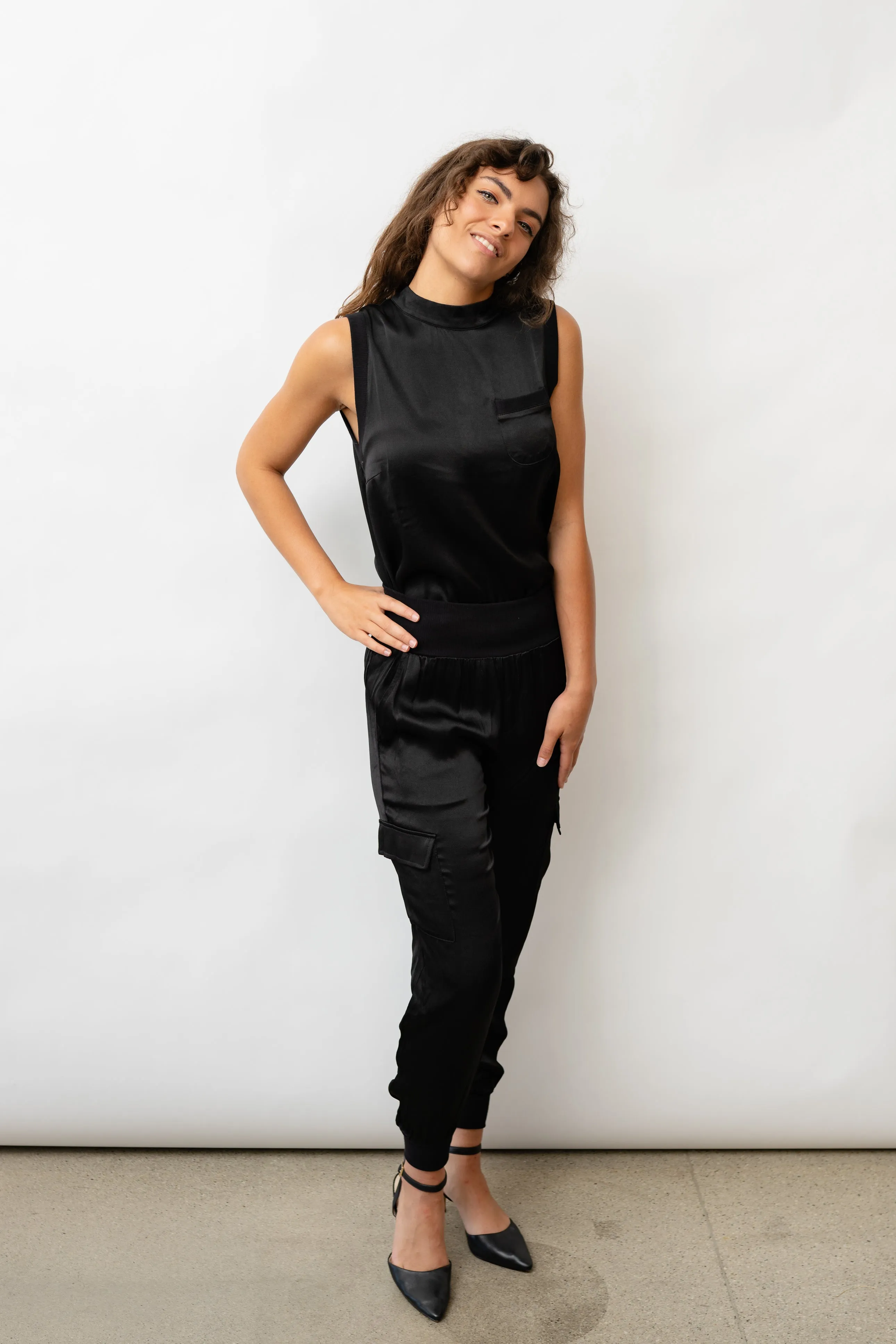 Darby Lane Satin Cargo Joggers - Black