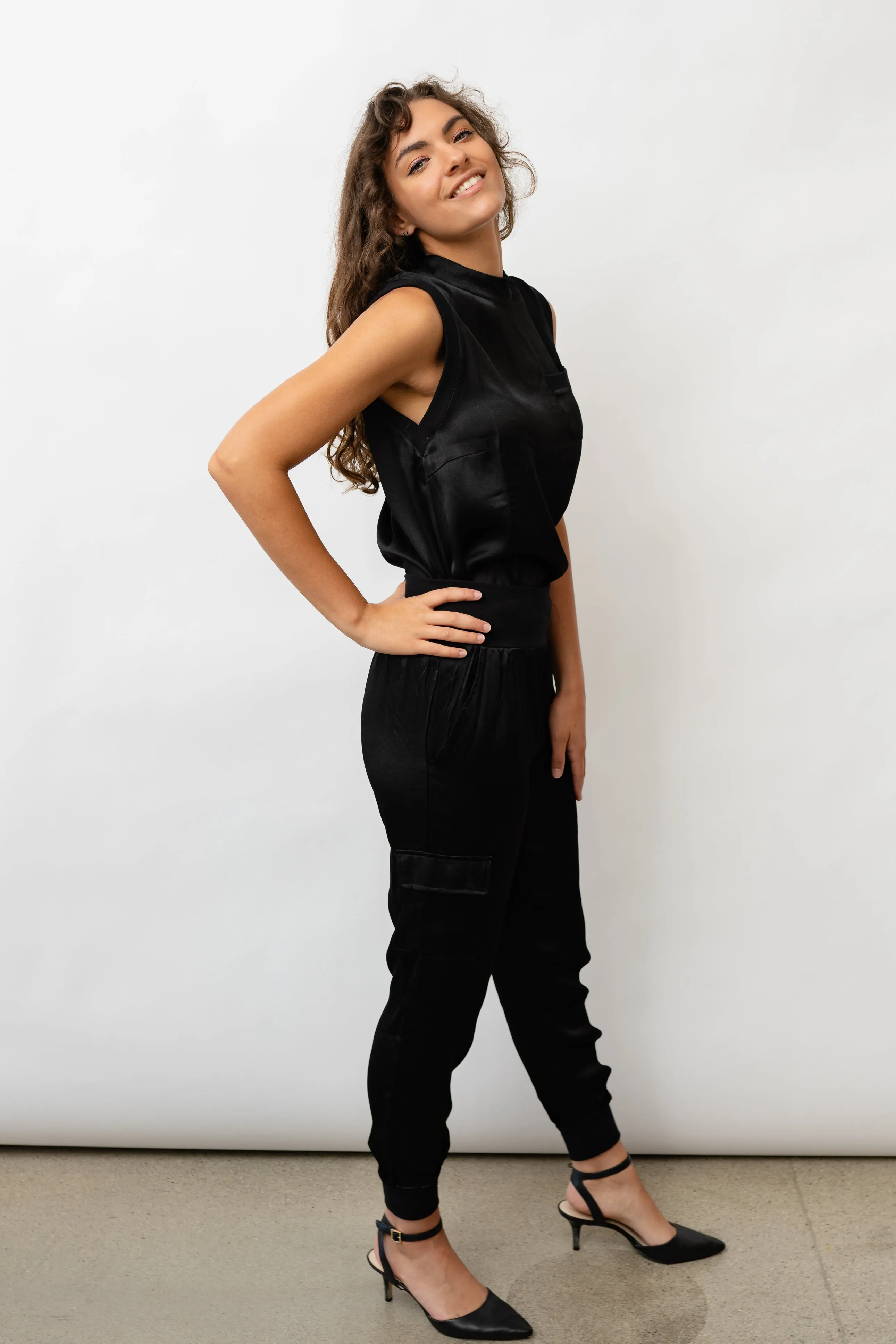 Darby Lane Satin Cargo Joggers - Black