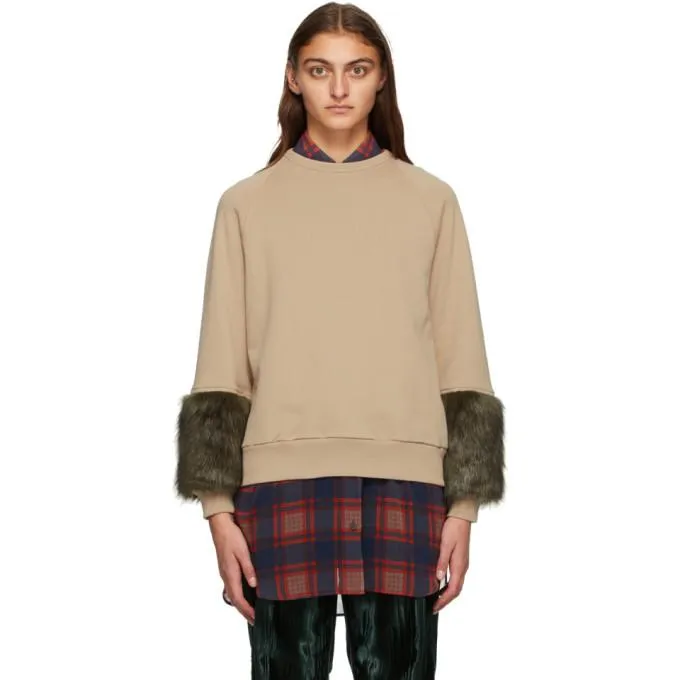 Dries Van Noten Beige Faux-Fur Cuff Sweatshirt