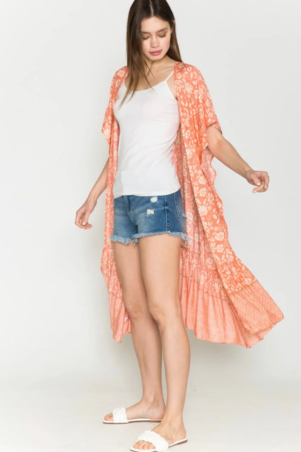 Easy Like Sunday Morning Paisley Peach Ruffle Hem Kimono Cardigan