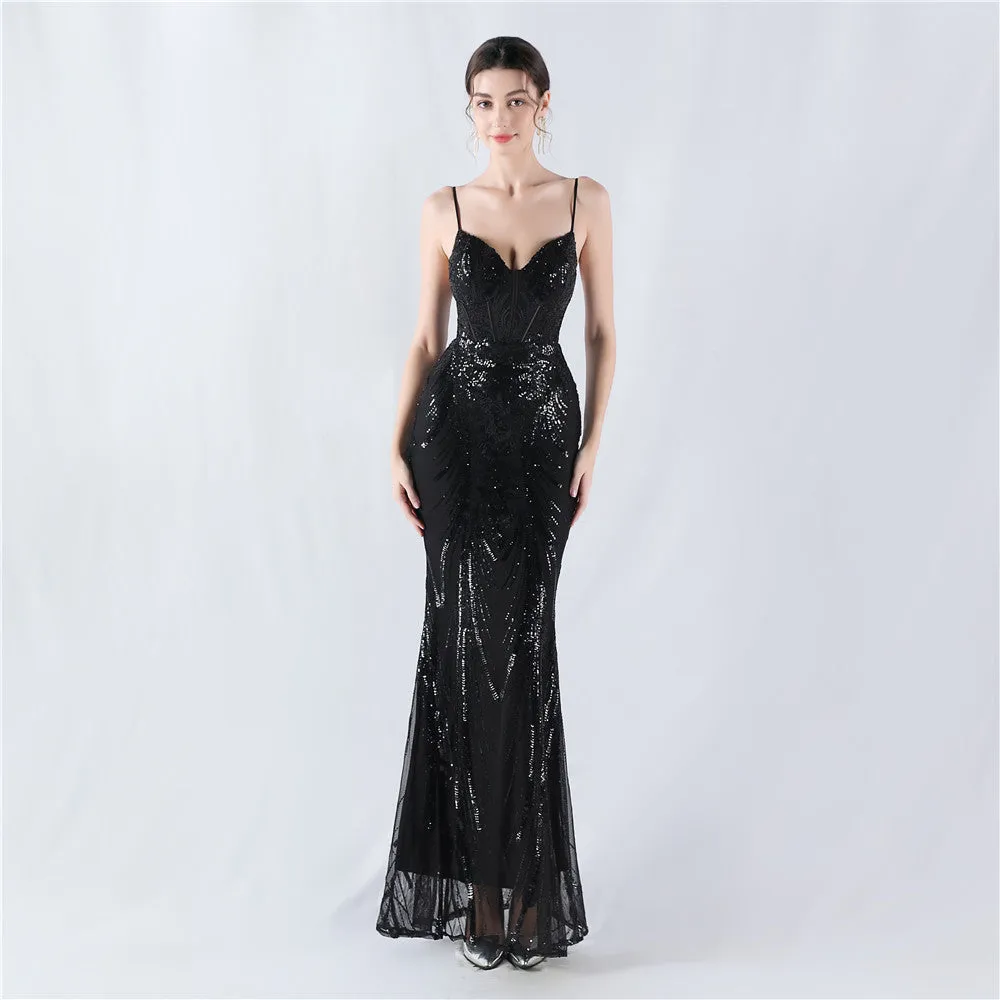 Elegant Boning Corset Sequin Floral Evening Dress