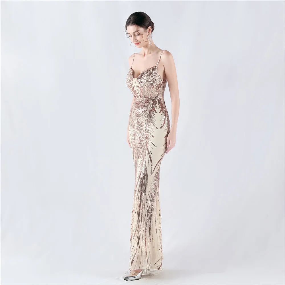 Elegant Boning Corset Sequin Floral Evening Dress