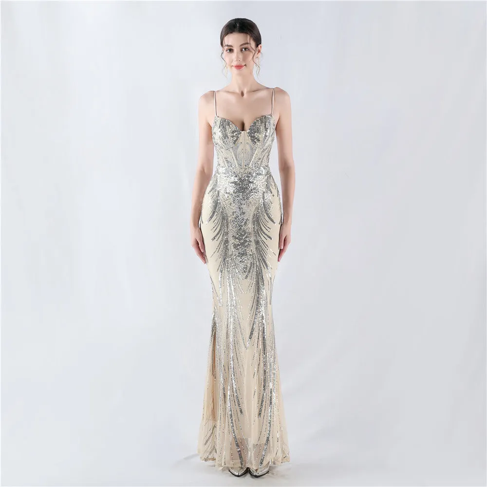 Elegant Boning Corset Sequin Floral Evening Dress