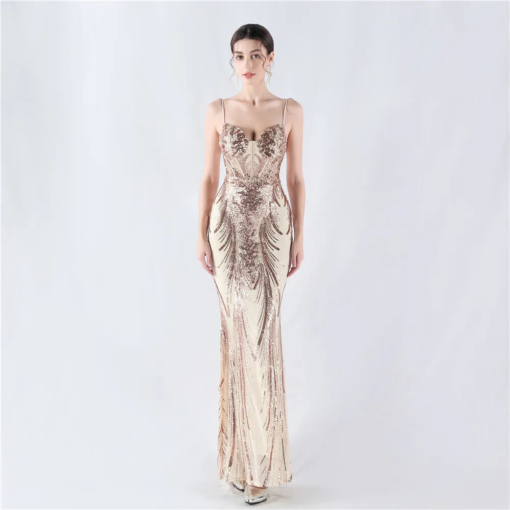 Elegant Boning Corset Sequin Floral Evening Dress