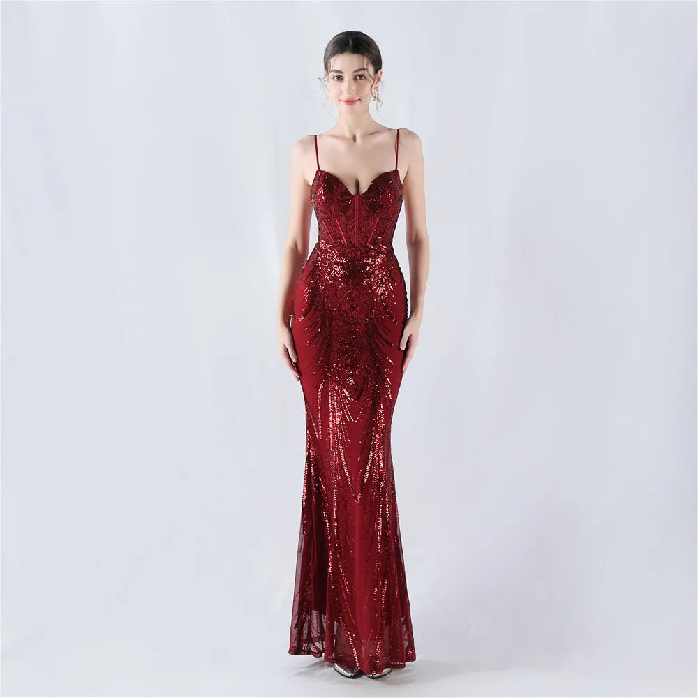 Elegant Boning Corset Sequin Floral Evening Dress