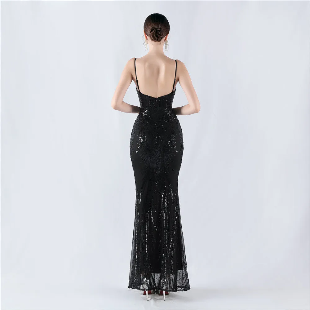 Elegant Boning Corset Sequin Floral Evening Dress