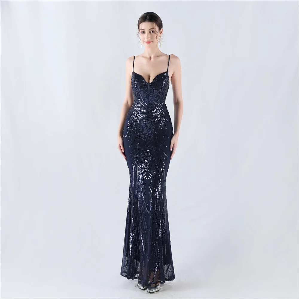 Elegant Boning Corset Sequin Floral Evening Dress