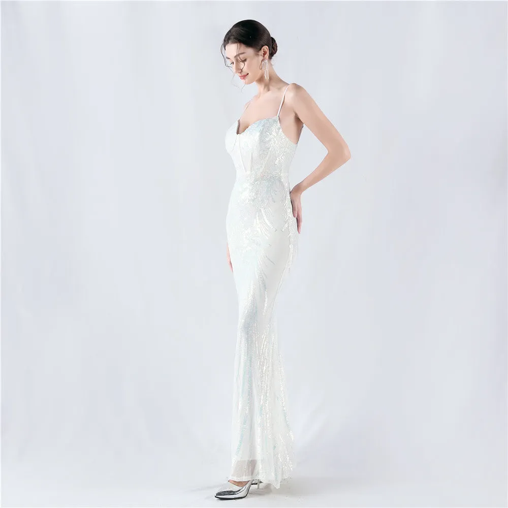 Elegant Boning Corset Sequin Floral Evening Dress