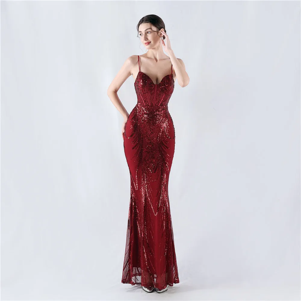 Elegant Boning Corset Sequin Floral Evening Dress