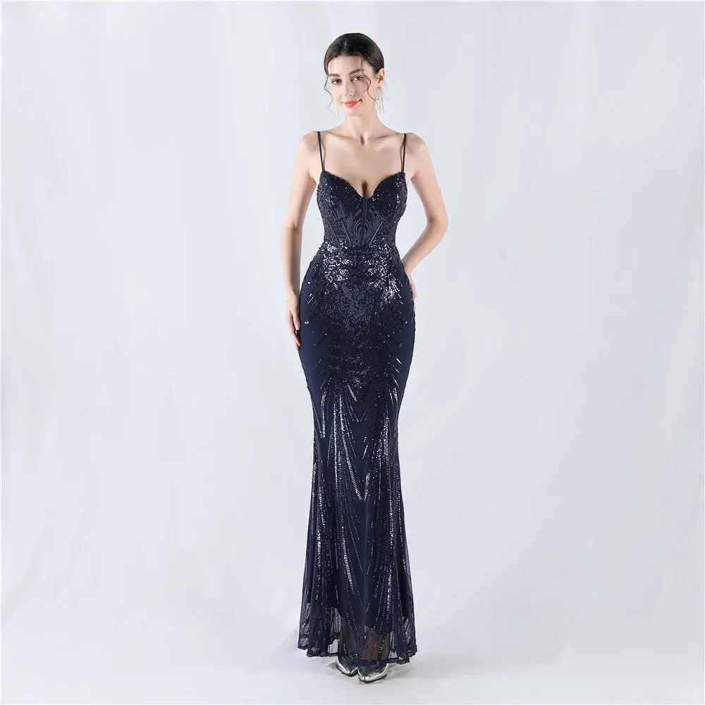 Elegant Boning Corset Sequin Floral Evening Dress