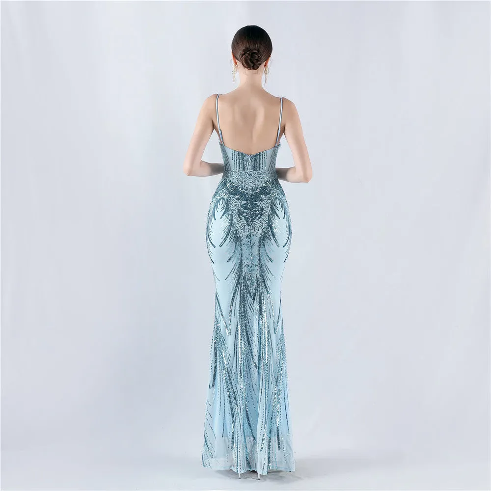 Elegant Boning Corset Sequin Floral Evening Dress