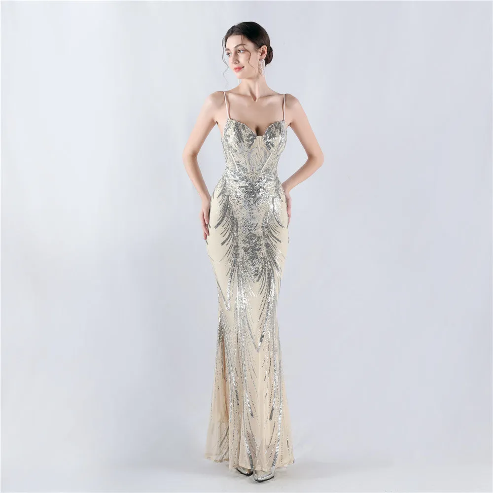 Elegant Boning Corset Sequin Floral Evening Dress