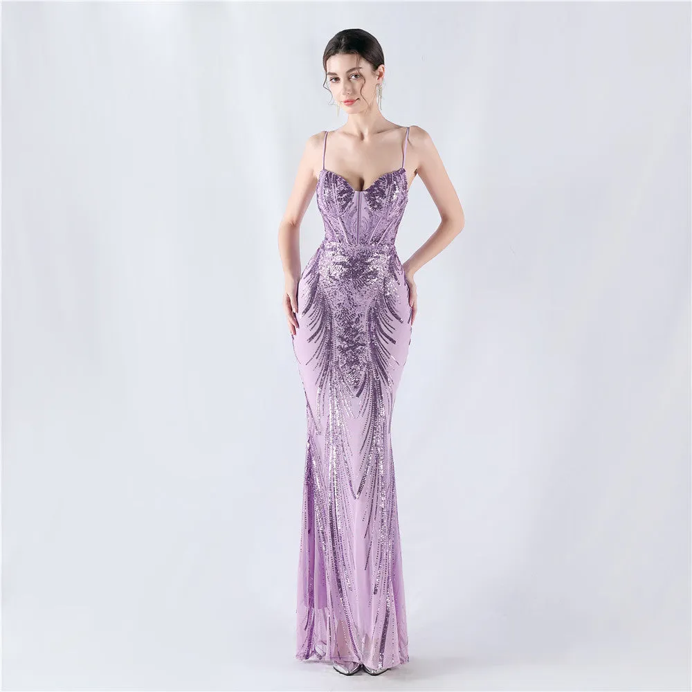 Elegant Boning Corset Sequin Floral Evening Dress