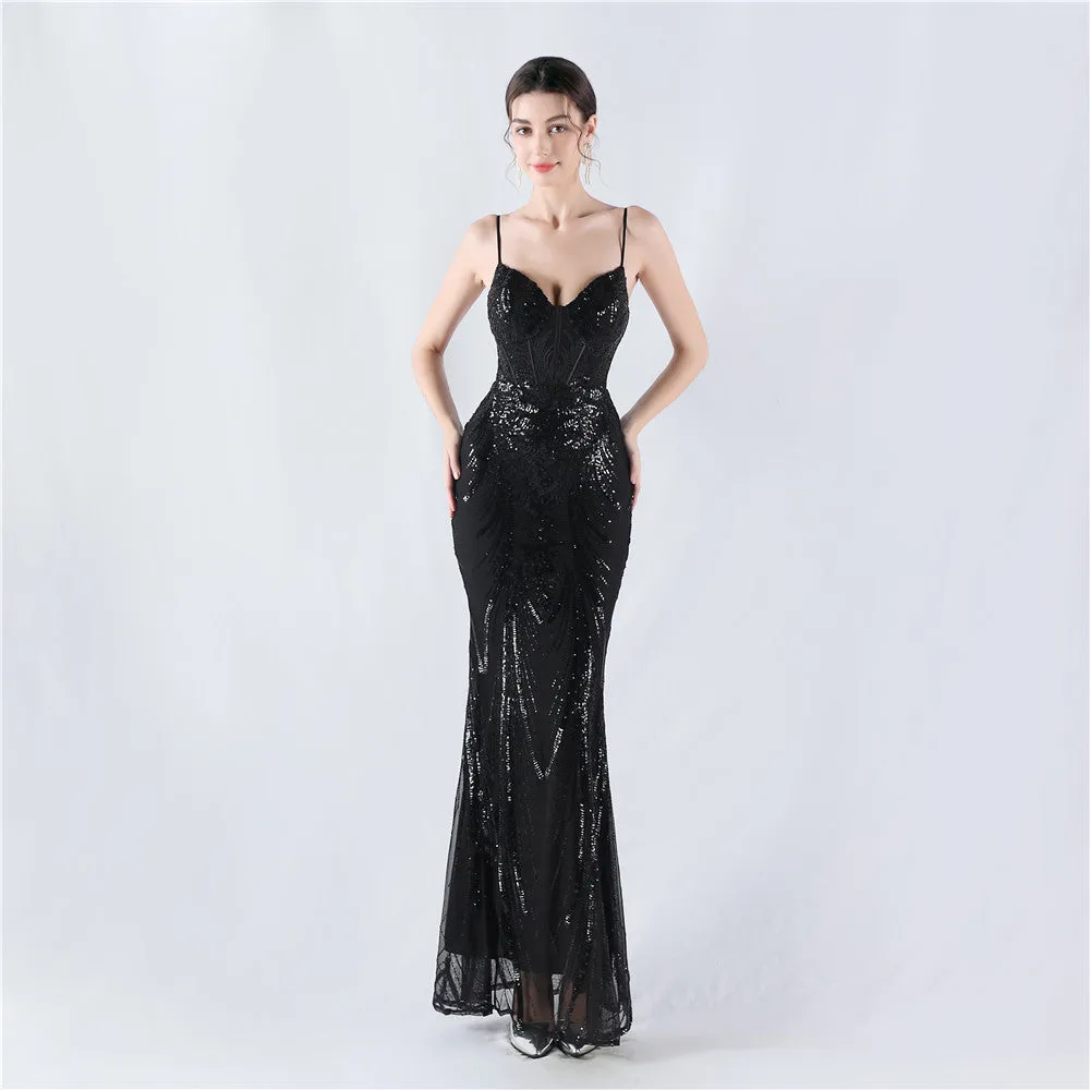 Elegant Boning Corset Sequin Floral Evening Dress