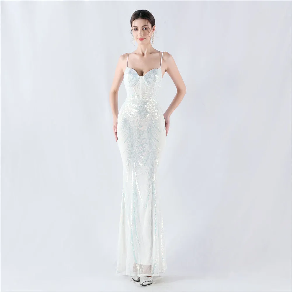 Elegant Boning Corset Sequin Floral Evening Dress