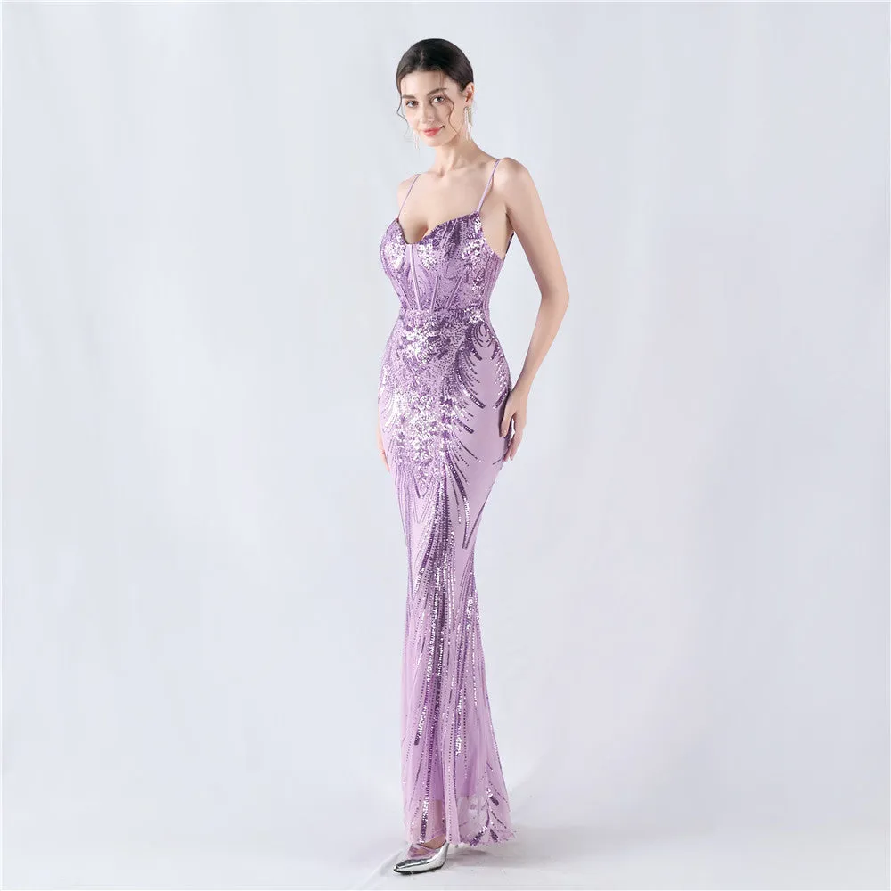 Elegant Boning Corset Sequin Floral Evening Dress