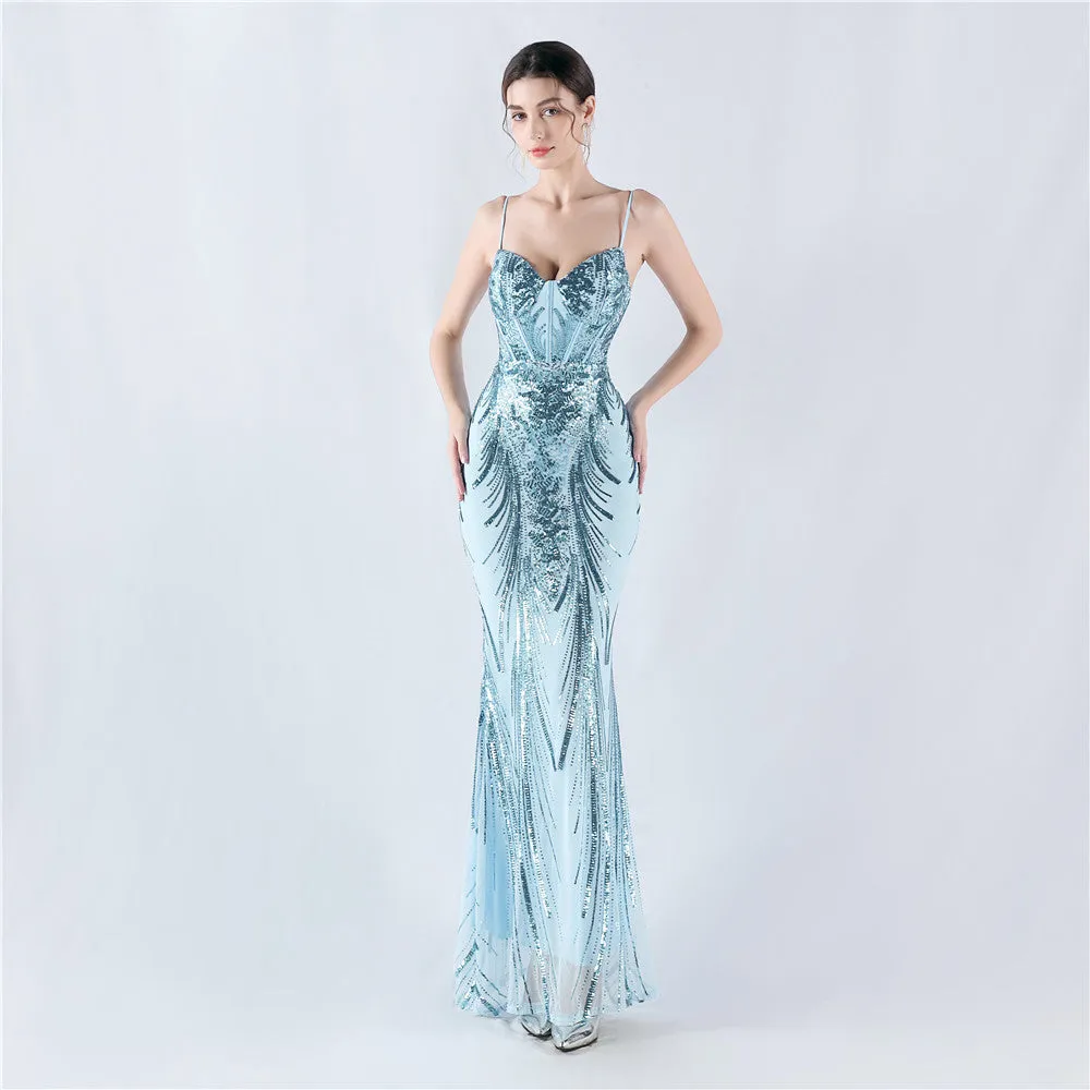 Elegant Boning Corset Sequin Floral Evening Dress