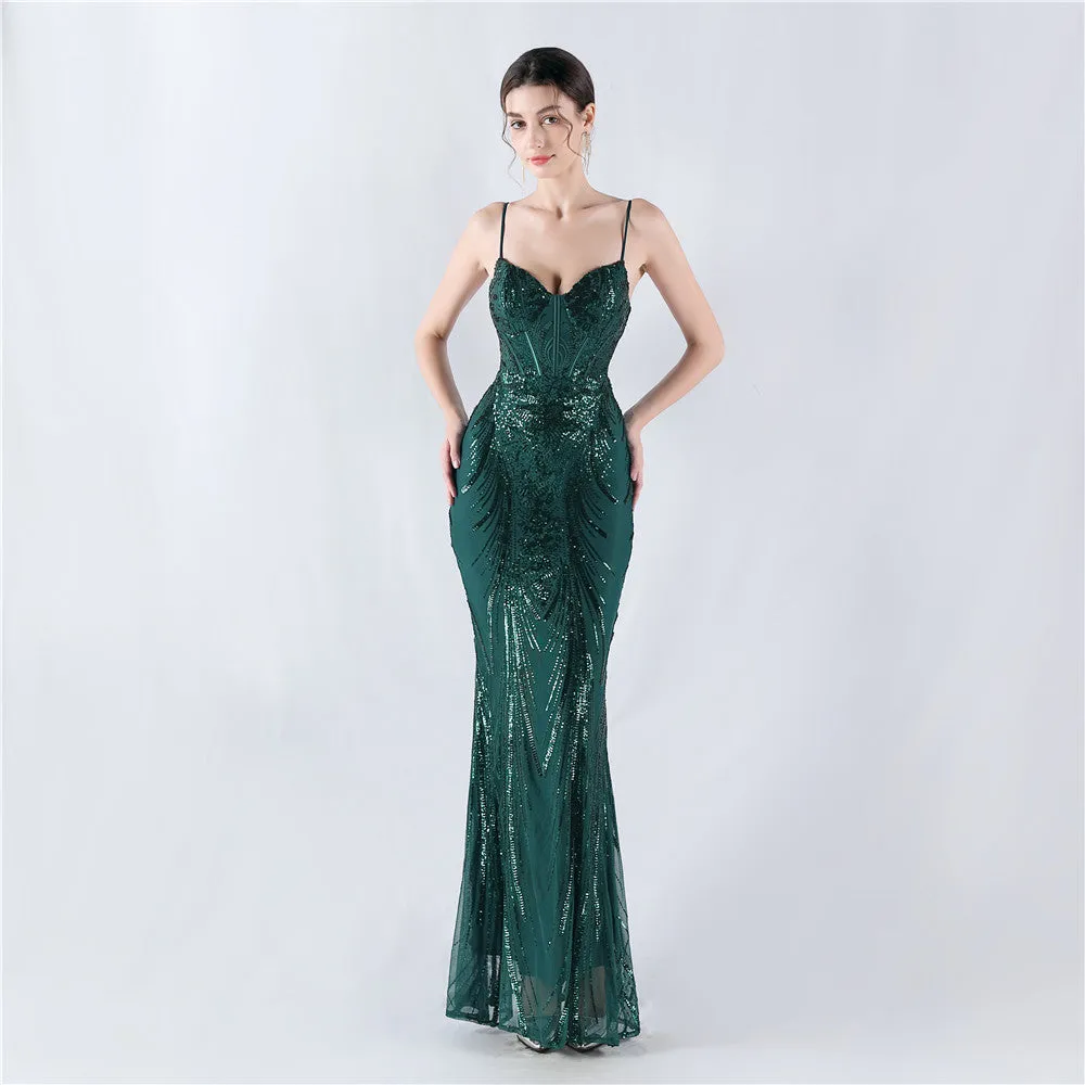 Elegant Boning Corset Sequin Floral Evening Dress
