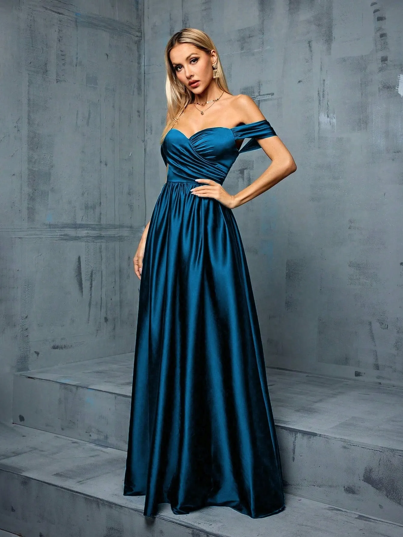 Elegant Off Shoulder Satin Backless Evening Dress