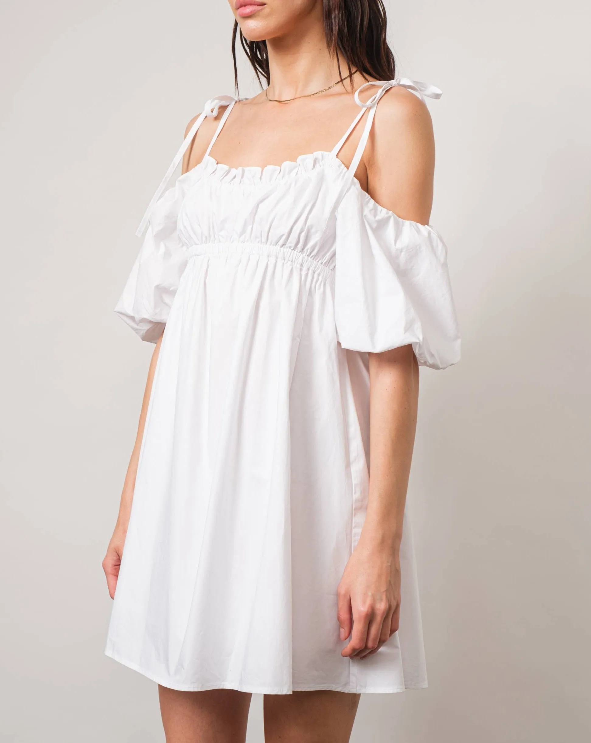 Empire-Waist Cold-Shoulder White Mini Baby Doll Dress