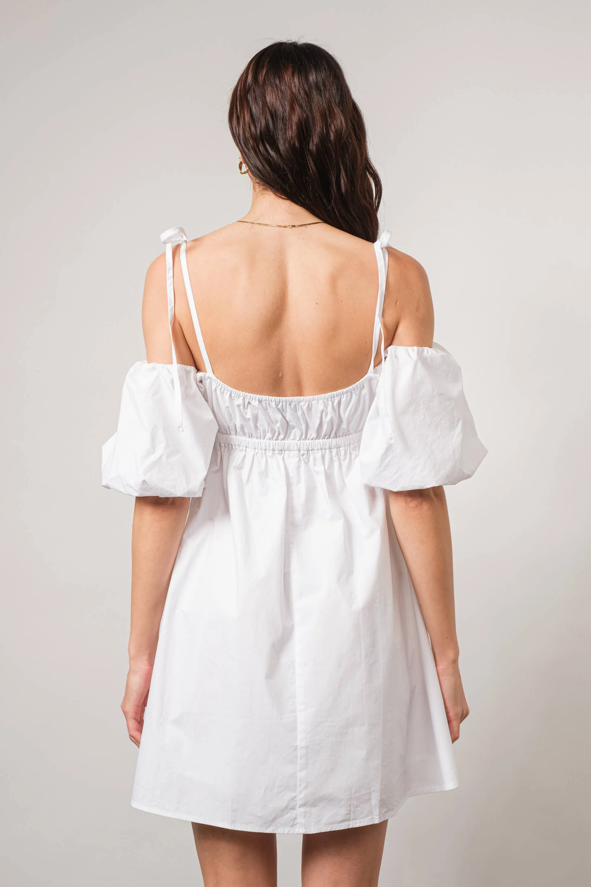 Empire-Waist Cold-Shoulder White Mini Baby Doll Dress
