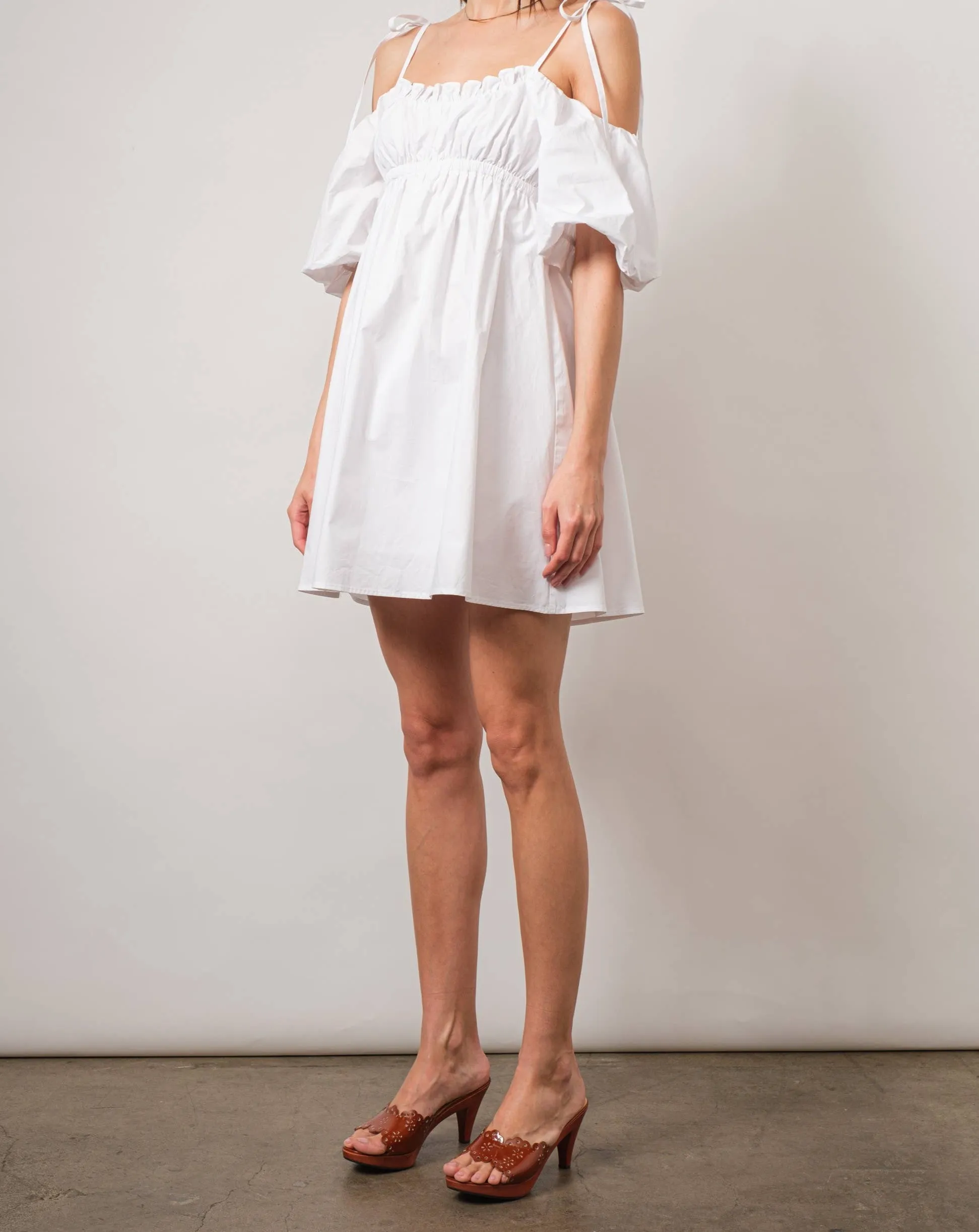 Empire-Waist Cold-Shoulder White Mini Baby Doll Dress
