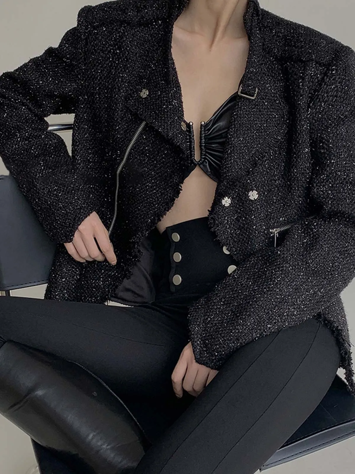 Exclusive Tweed Biker Jacket - Black & White