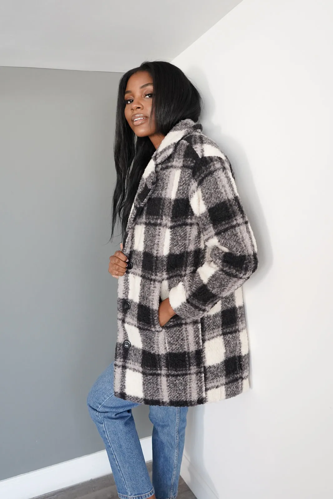 Faux Shearling Plaid Coat