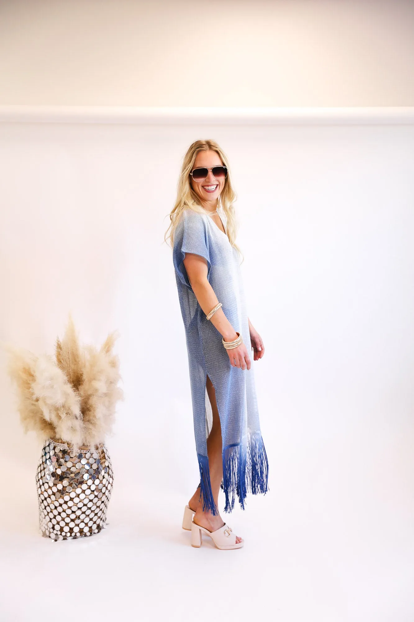 FINAL SALE!! Metallic Mesh Knit Cover Up in Blue