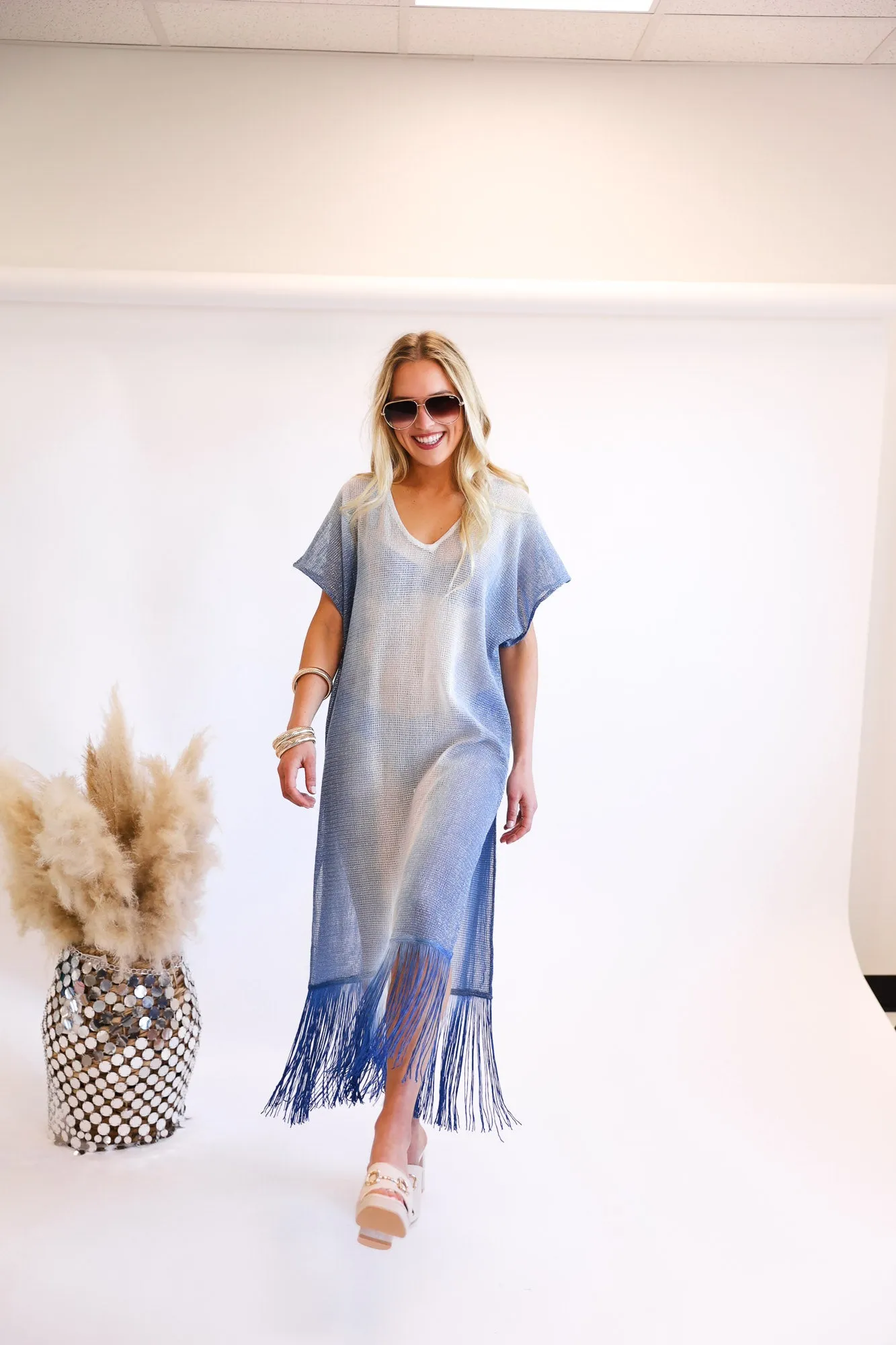 FINAL SALE!! Metallic Mesh Knit Cover Up in Blue